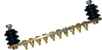 Grounding bar 250 mm, Cu, 10xM6, 2 insulators